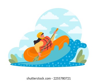 Summer holiday concept. Rafting, rowing with paddles, swimming in inflatable boat in river. Character doing extreme sport on summer vacation. Flat vector illustration