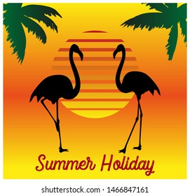 Summer holiday concept vector illustration. Beautiful flamingos silhouette vector with exotic pattern tropical leaves of sunset.