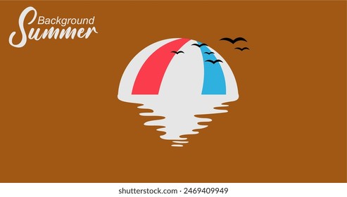 Concepto de vacaciones de verano. Ilustración vectorial de paraguas de playa y gaviotas