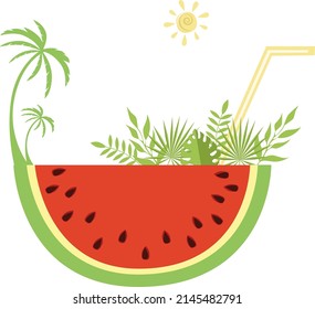 Summer holiday concept watermelon slice with palm trees and tropical leaves