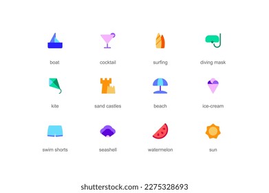 Summer holiday concept of web icons set in color flat design. Pack of boat, cocktail, surfing, diving mask, kite, sand castle, beach, ice cream, watermelon and other. Vector pictograms for mobile app