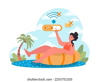 Summer holiday concept. Woman floating on inflatable circle. Character relaxing and resting outdoors. Digital detox and recreation. Flat vector illustration