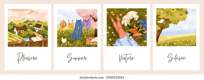 Férias de verão no campo, desenhos de cartões de natureza. Paisagens rurais serenas em estética cottagecore bonito, dia ensolarado na aldeia, país. Planos de fundo de cartão postal definidos. Ilustrações de vetor gráficas planas