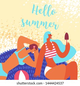 Summer holiday. Couple young female lying on the sand on a tropical beach. Concept trip to the seaside, rest, sea travel