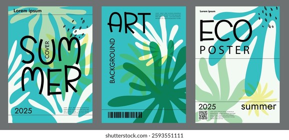 summer holiday cover with abstract drawn leaves, vibrant colour, concept modern vector illustration, nature, summer vibes, template, copy space for text