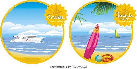 Summer holiday. Cruise and beach resort. Icons for design. Vector