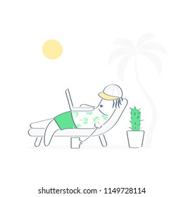 Summer holiday, cute cartoon funny character with with laptop, vacation, trip to the sea, holiday relax, leisure with beach background. Summer rest. Sea vacation. Character on isolated backround