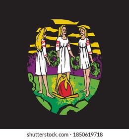 summer holiday Day of Ivan Kupala illustration, girls in traditional clothes with wreaths leading a round dance around a fire