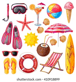 Summer holiday decorative icons set with sun icecream surfboard starfish shells mask snorkel flippers   isolated vector illustration   