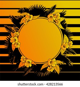 Summer holiday design. Flower garland and palm tree leaves frame. Black and golden stripes background. EPS10 vector illustration.