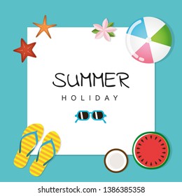 summer holiday design with sunglasses watermelon coconut flip flops ball and starfish vector illustration EPS10