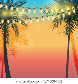 Summer holiday design sunset with palm leaves and Yellow Garland Lamp Bulbs. Vector Illustration EPS10