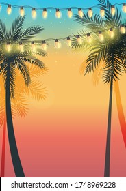 Summer holiday design sunset with palm leaves and Yellow Garland Lamp Bulbs. Vector Illustration EPS10