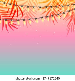 Summer holiday design sunset with palm leaves and Yellow Garland Lamp Bulbs. Vector Illustration EPS10