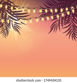 Summer holiday design sunset with palm leaves and Yellow Garland Lamp Bulbs. Vector Illustration EPS10