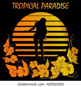 Summer holiday design. Tropic sunset. Girl silhouette on black and golden stripes. Flower garland frame. EPS10 vector illustration.