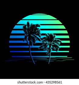 Summer holiday design. Tropic sunset. Palm trees silhouettes on black and blue-green stripes. Minimalistic style logo. EPS10 vector illustration.