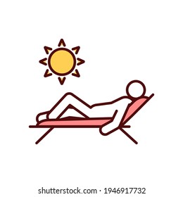 Summer Holiday Destination RGB Color Icon. Sun Exposure. Getting Natural Sunburn At Seaside. Vacation Under Sun. Penetration Harmful Ultraviolet Rays Into Skin. Isolated Vector Illustration