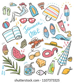 Summer holiday doodle set, vector illustration