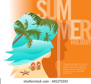 Summer Holiday - Double exposure style showing beach and sea inside women silhouette