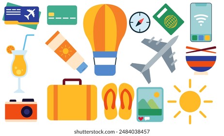 Summer Holiday Elements - Plane Airplane Ticket Credit Debit Card Passport Cocktail Drink Alcohol Sunscreen Air Balloon Sun Sandals Slippers Camera Photo Phone Smartphone Bowl Suitcase Briefcase
