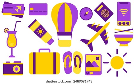 Summer Holiday Elements - Plane Airplane Ticket Credit Debit Card Passport Cocktail Drink Alcohol Sunscreen Air Balloon Sun Sandals Slippers Camera Photo Phone Smartphone Bowl Suitcase Briefcase
