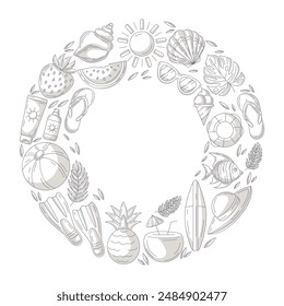 Summer holiday elements in round shape. Square card, monochrome gray beach accessories icons isolated on white, copy space in the middle. For poster, flyer, banner, invitation, social media.