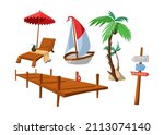 Summer holiday elements vector illustrations set. Wooden dock, boardwalk or pier, boat for fishing on lake, wood pole with beach, bar and hotel signs isolated on white background. Vacation concept