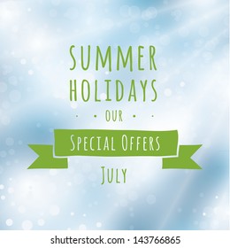 Summer holiday emblem with vector sunny sky background. Traveling and recreation. Neutral template with space for your content. Sizable and editable vector graphic