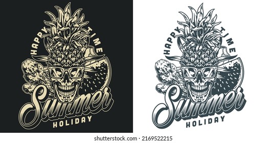 Summer holiday emblem vintage monochrome food for beach party and vacation on island happy pineapple with ice cream vector illustration