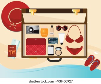 Summer holiday with fashion female accessories, red bikini, sunglasses, hat and sunblock cosmetic in suitcase, Top view holiday Beach, vector illustration.