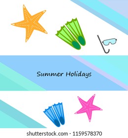 Summer holiday, fins starfish underwater mask