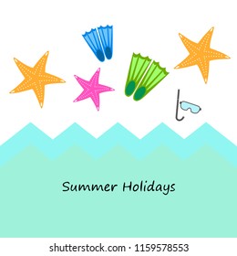 Summer holiday, fins starfish underwater mask
