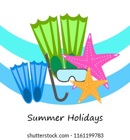 Summer holiday, fins starfish underwater mask