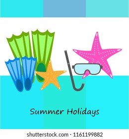 Summer holiday, fins starfish underwater mask