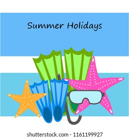 Summer holiday, fins starfish underwater mask