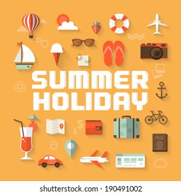 Summer holiday flat icons with lettering. Vector illustration