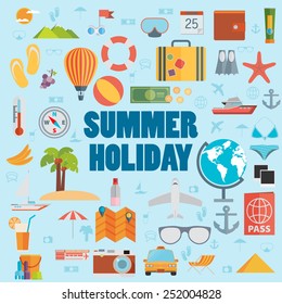 Summer holiday flat icons with lettering. Vector illustration