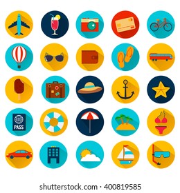 Summer Holiday Flat Icons With Long Shadow. Vector Illustration