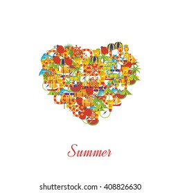 Summer holiday flat icons set in the shape of a heart. Lets travel. Illustration with travel and summer relaxation 