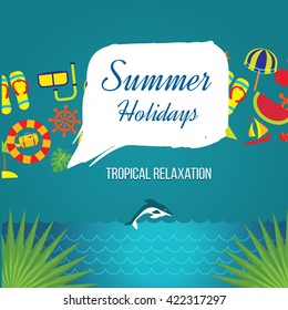 Summer holiday flat icons set. Lets travel. Summer holiday logo on a colorful background