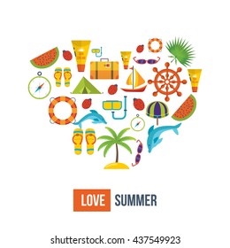Summer holiday flat icons set in the shape of a heart. Lets travel. Illustration with travel and summer relaxation