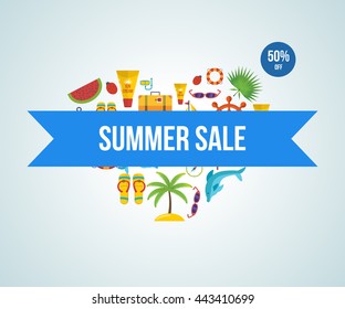 Summer holiday flat icons set in the shape of a heart. Lets travel. Summer sale.