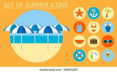 Summer holiday flat icons. Vector illustration