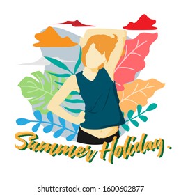 Summer Holiday in flat illustration. Isolated background. Cute girl modern design. Cartoon girl. Illustration for cover design. Eps 10.