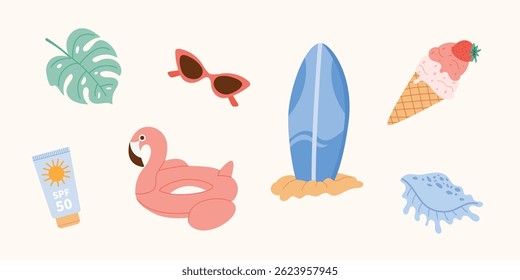 Summer holiday flat vector set with flamingo float, tropical leaf, sunglasses, surfboard, sunscreen, ice cream and shell. Cute colorful beach vacation clipart, isolated on light background.