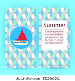 Summer holiday flyer. Vector illustration of ship in a circle on the background of rhombuses.