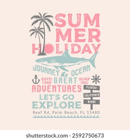 SUMMER HOLIDAY LET’S GO EXPLORE,Graphic design print t-shirts fashion, illustration, vector, posters, cards, stickers, mug