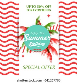 Summer holiday greeting card typography flyer template and lettering. Poster, card, label, banner design,background, Vector illustration