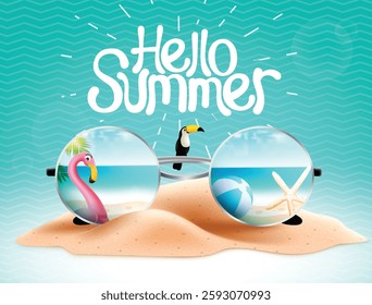 Summer holiday greeting vector design. Hello summer text with sunglasses reflection of beach and flamingo element in blue background for relax tropical season vacation. Vector illustration.
